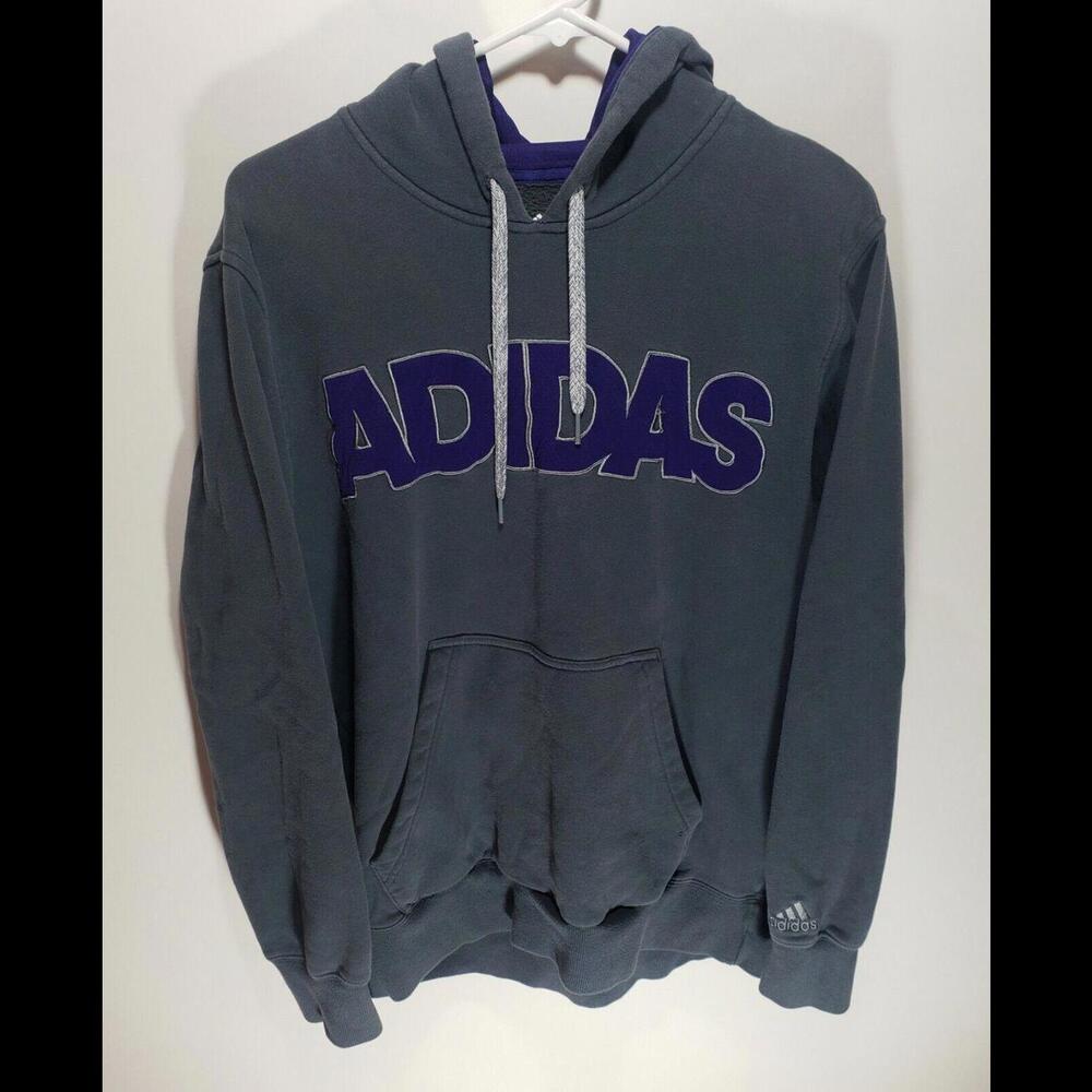 Mens Adidas Spell Out Logo Gray Purple Long Sleeve Pullover Hoodie Size‎ Large L